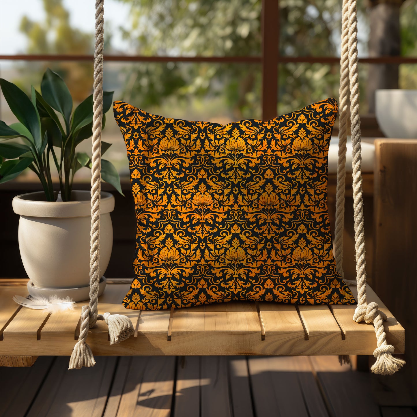 Amber Damask Throw Pillow