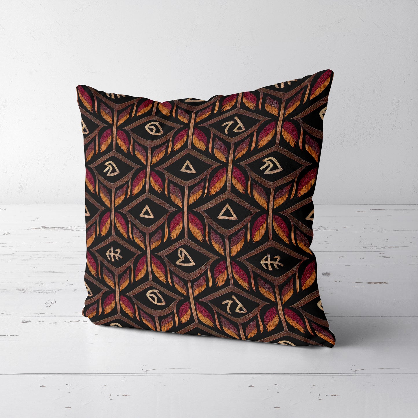 Dark Feather and Symbol Throw Pillow