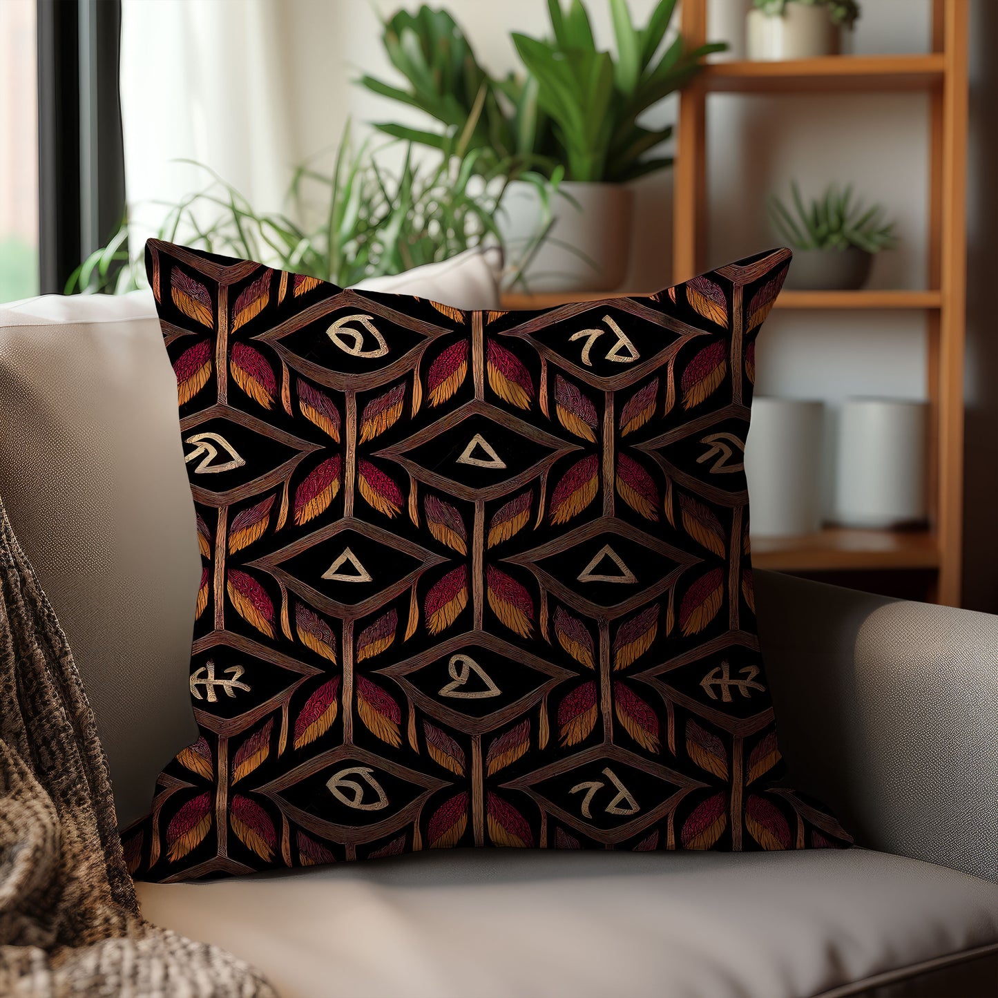 Dark Feather and Symbol Throw Pillow