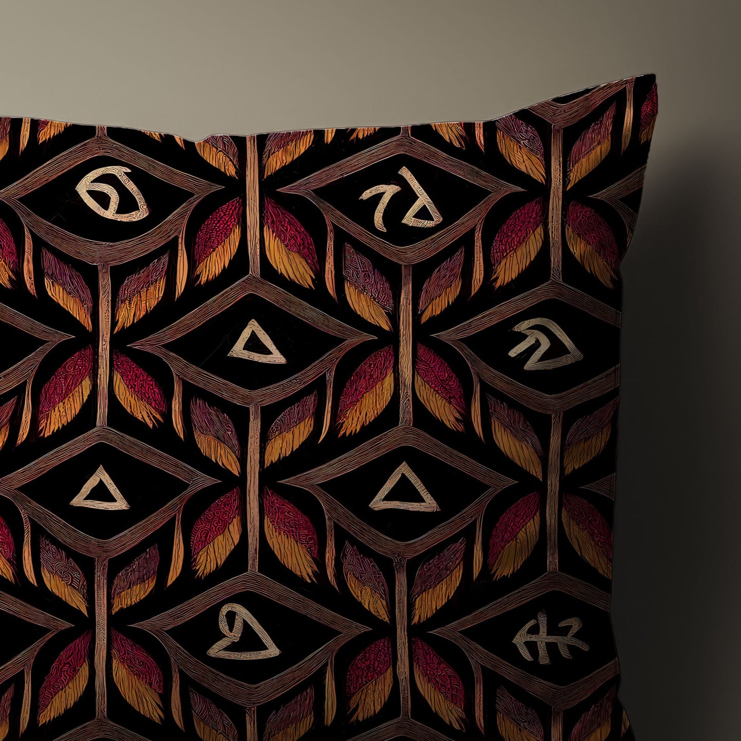 Dark Feather and Symbol Throw Pillow