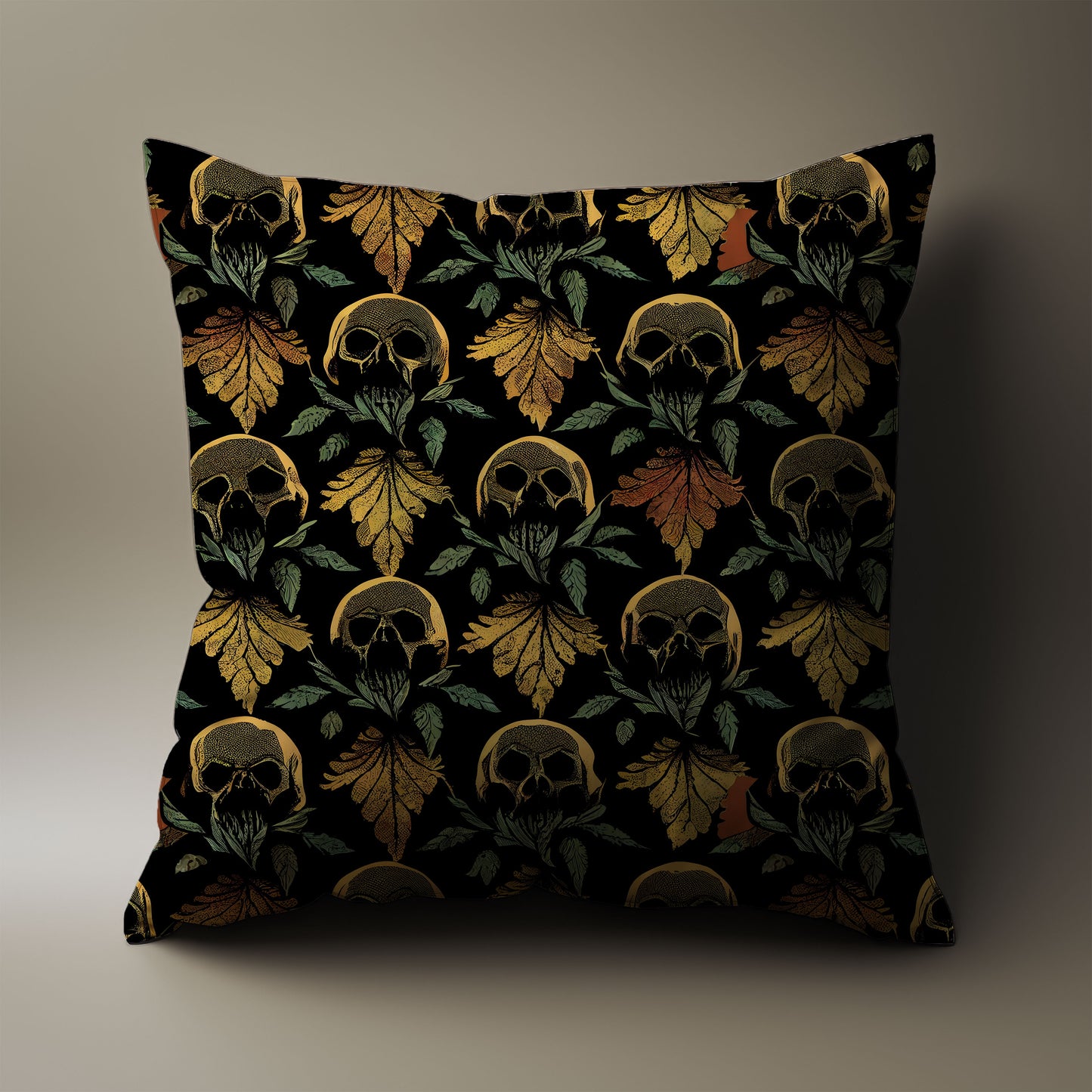 Skull and Leaf Throw Pillow