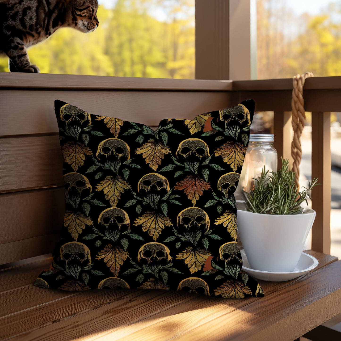 Skull and Leaf Throw Pillow