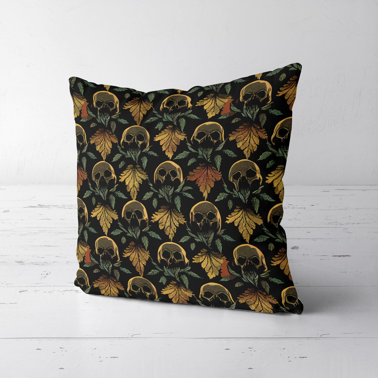 Skull and Leaf Throw Pillow