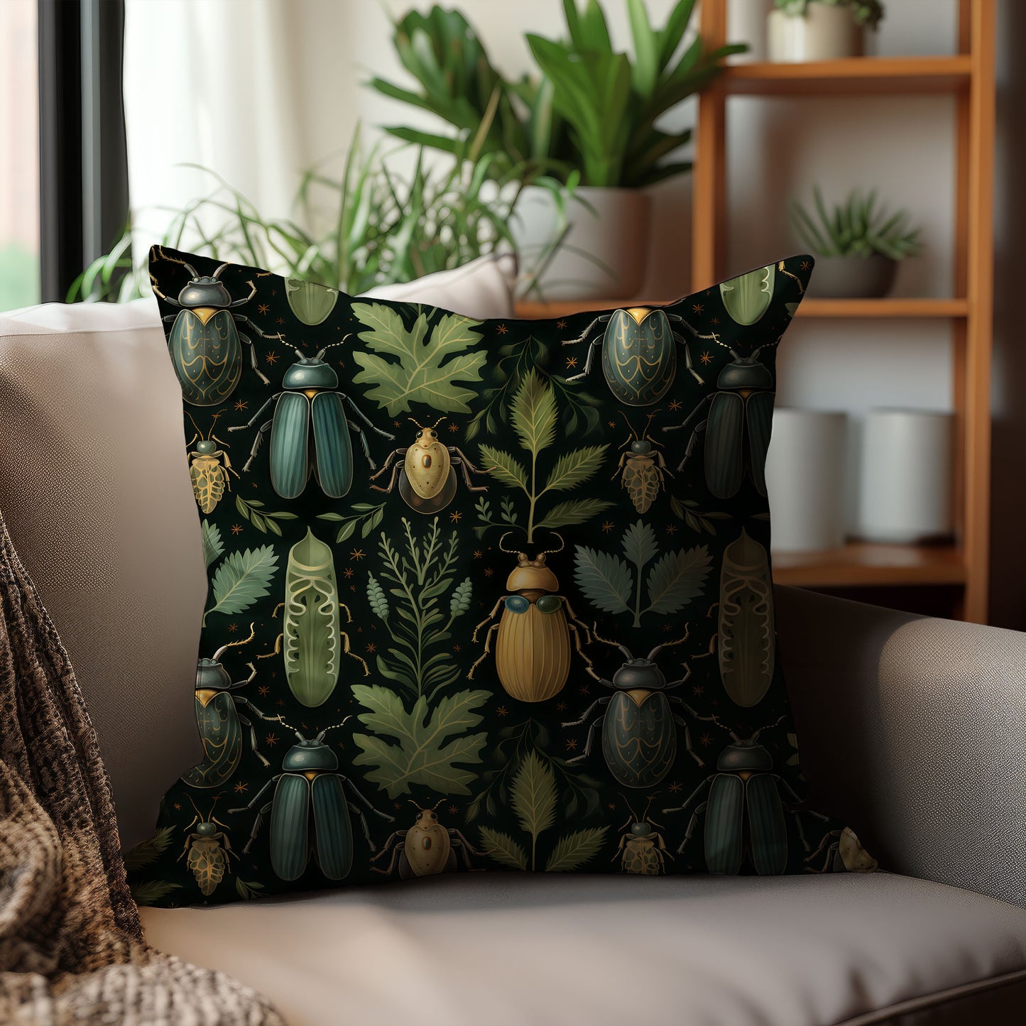 Beetle and Leaf Throw Pillow