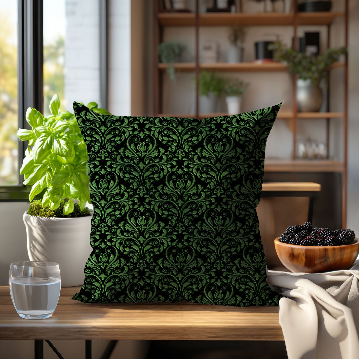 Green and Black Damask Throw Pillow