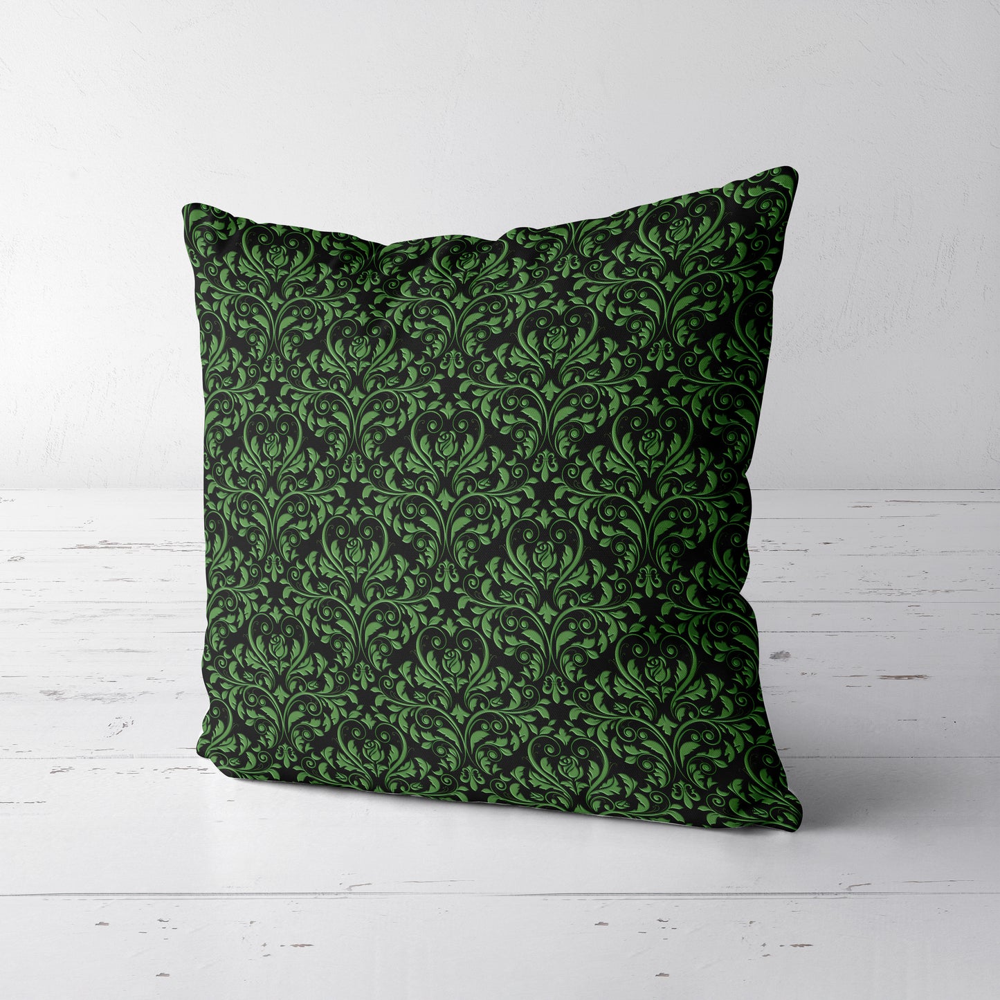 Green and Black Damask Throw Pillow