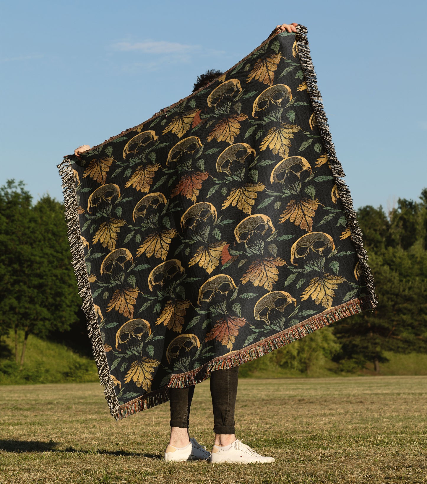 Skull and Leaf Woven Throw Blanket