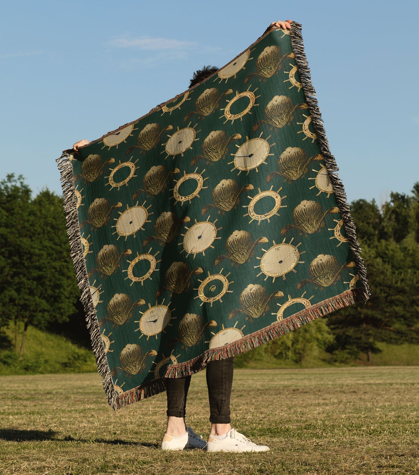 Clock and Ship Wheel Woven Throw Blanket
