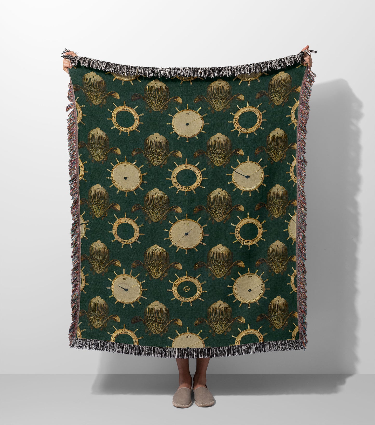 Clock and Ship Wheel Woven Throw Blanket
