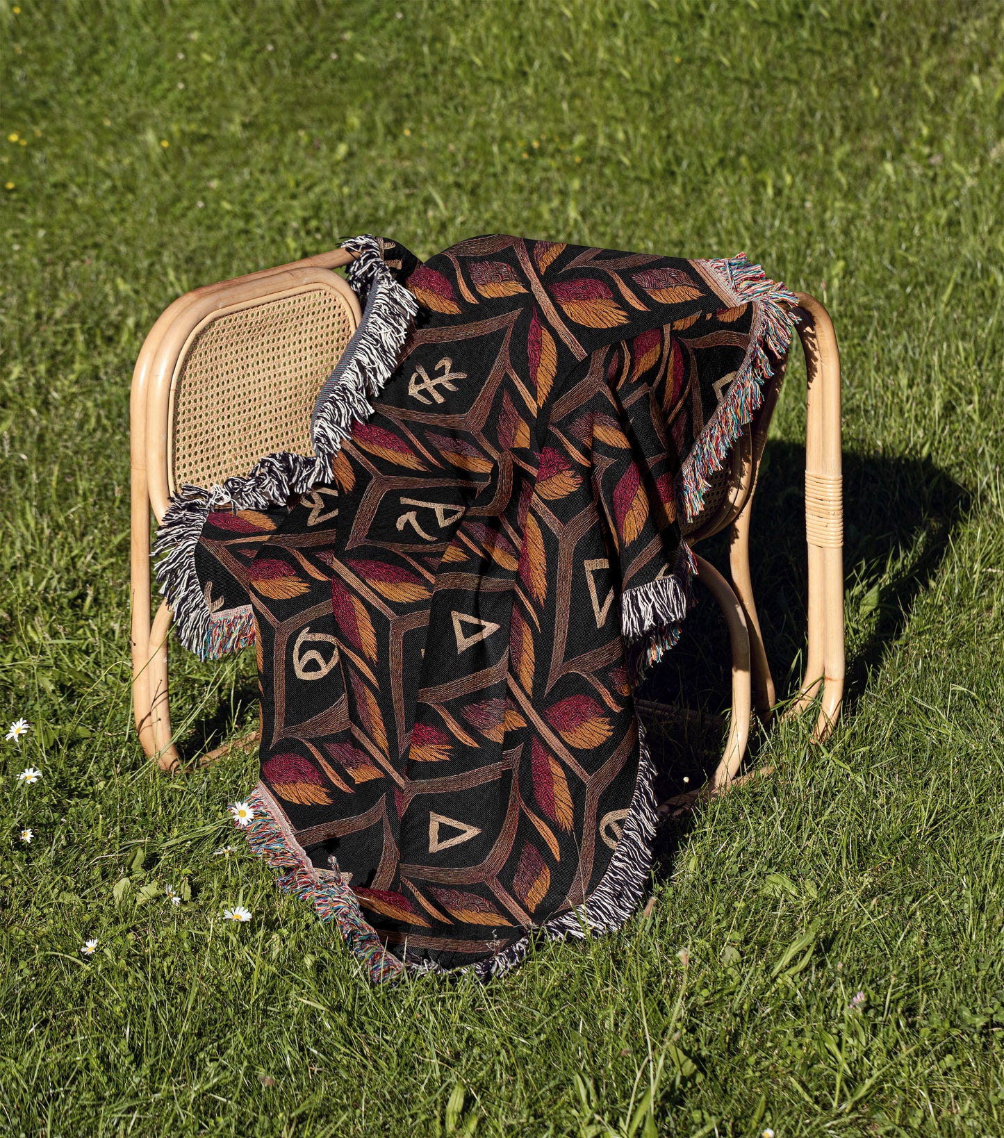 Dark Feather and Symbol Woven Throw Blanket