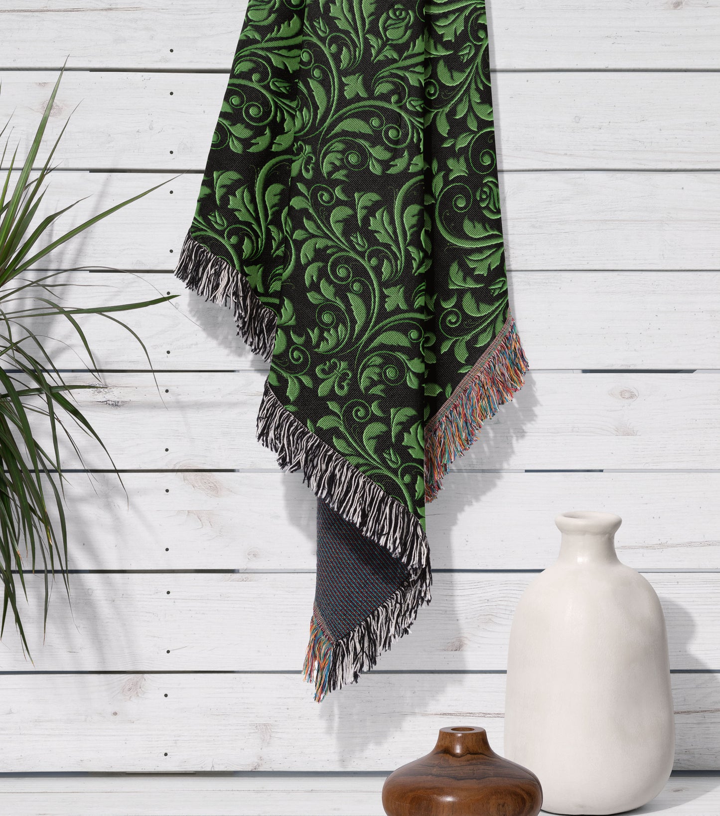 Green and Black Damask Woven Throw Blanket