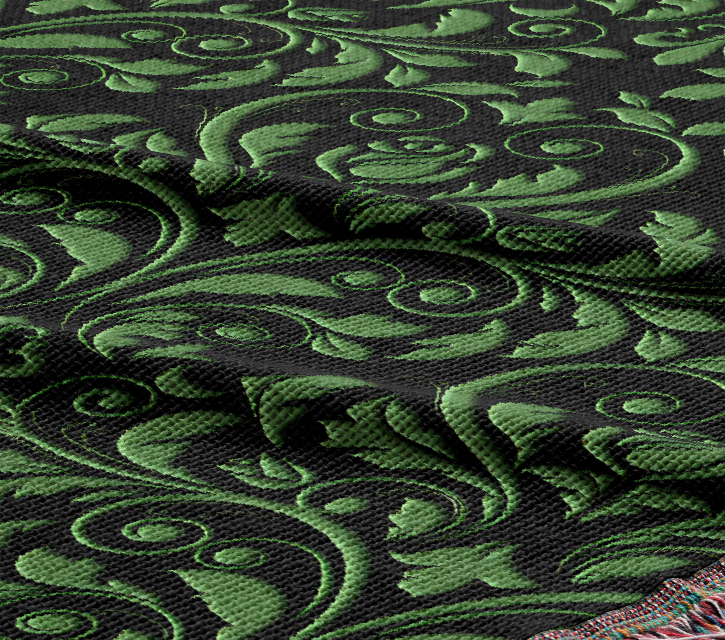 Green and Black Damask Woven Throw Blanket