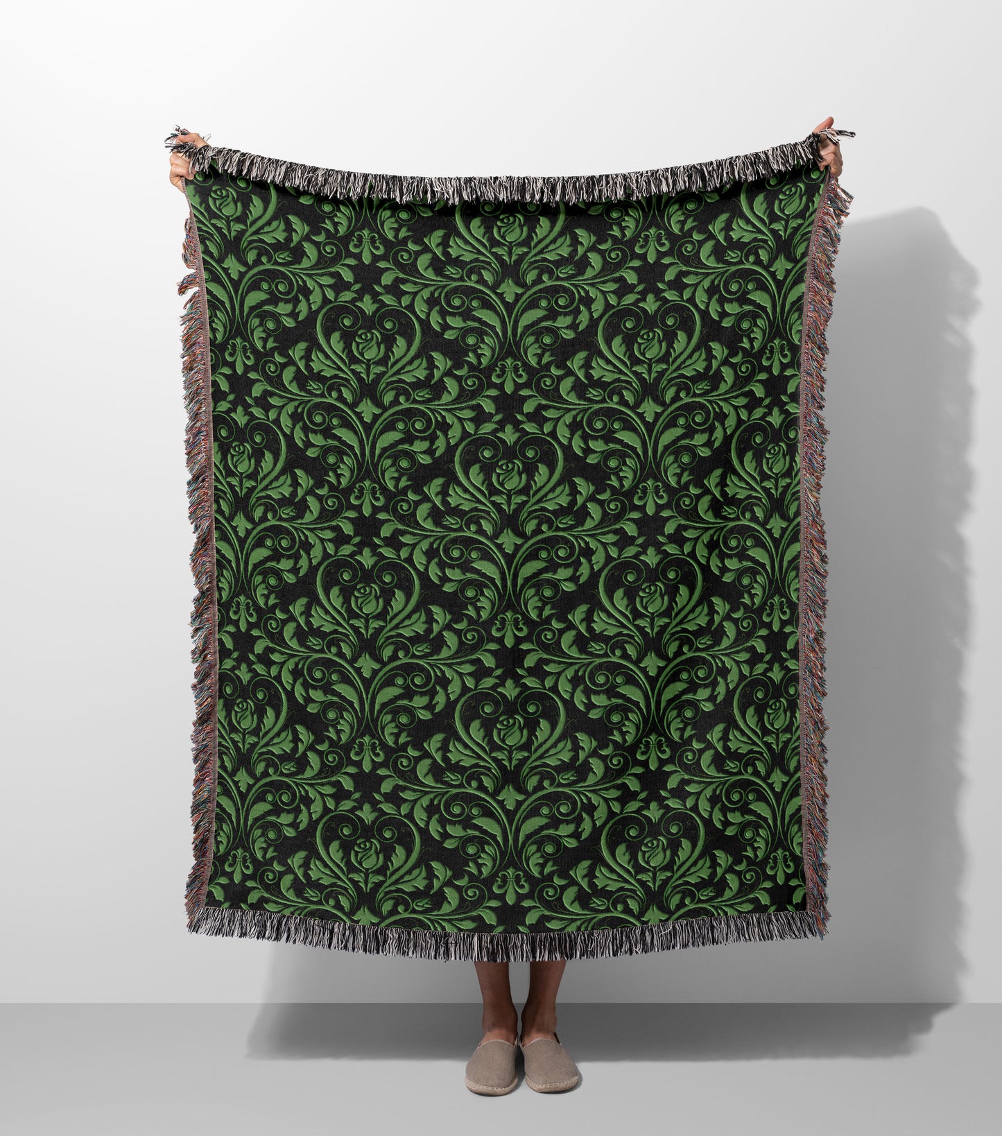 Green and Black Damask Woven Throw Blanket
