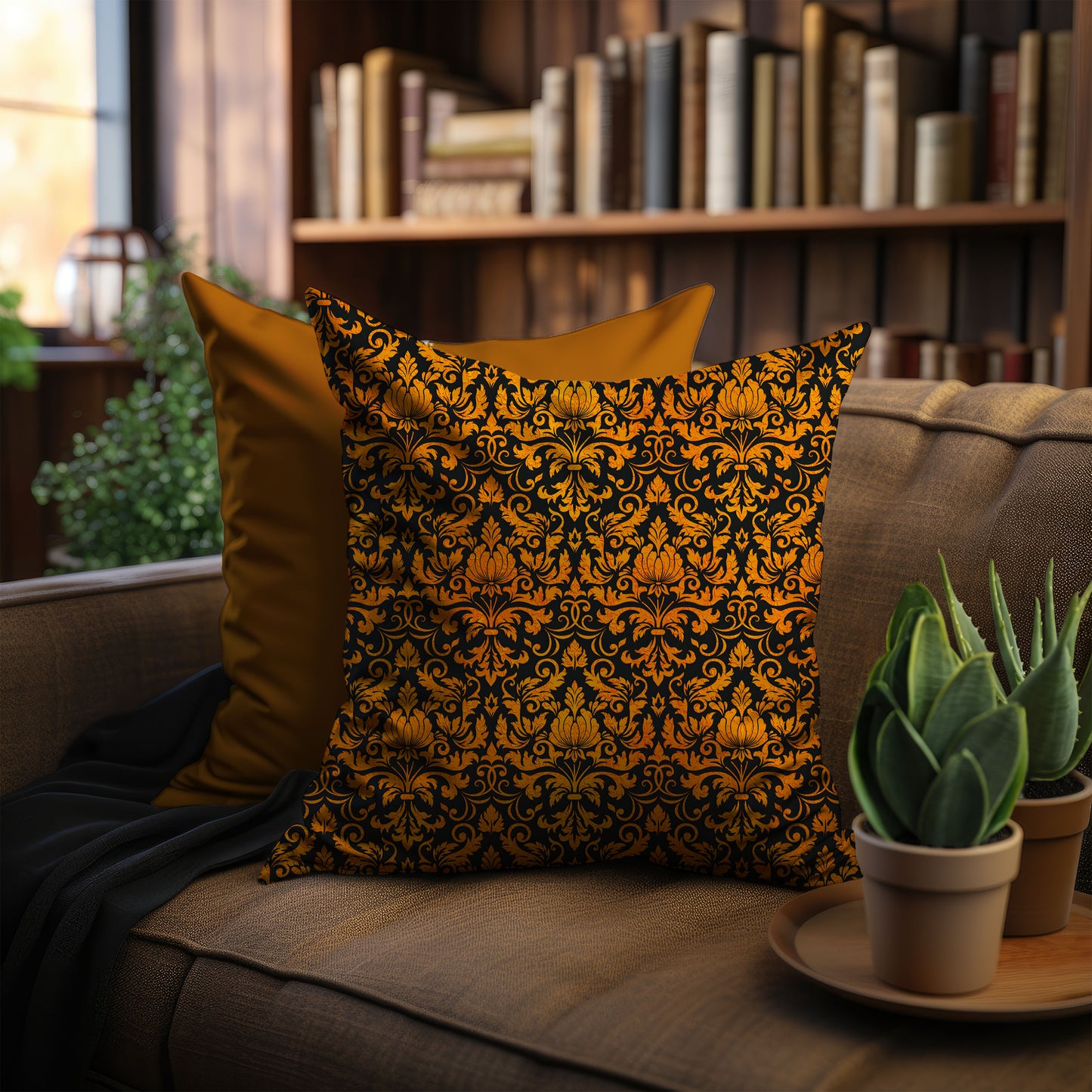 Amber Damask Throw Pillow